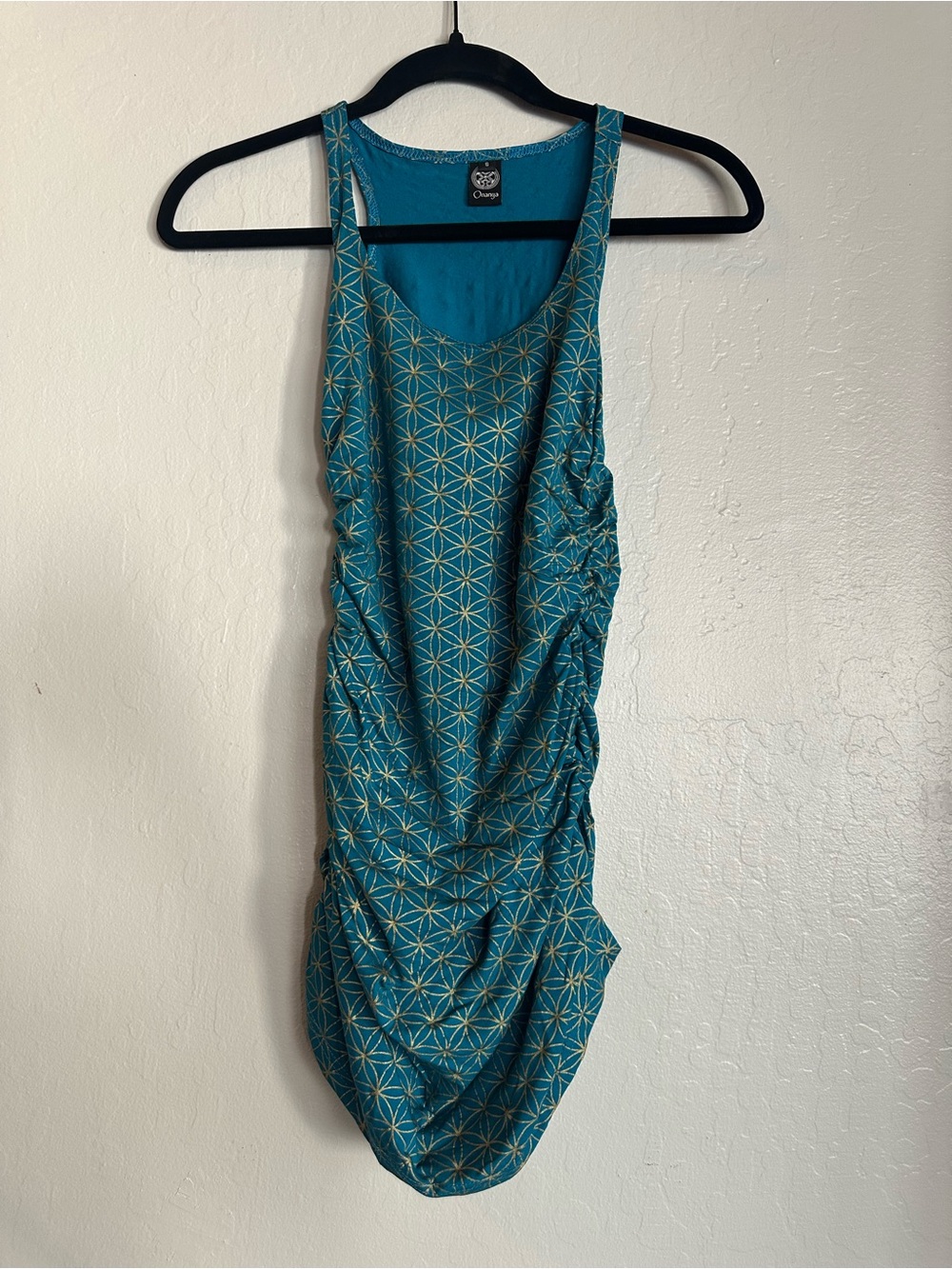 Teal Geometric Ruched Tank Dress